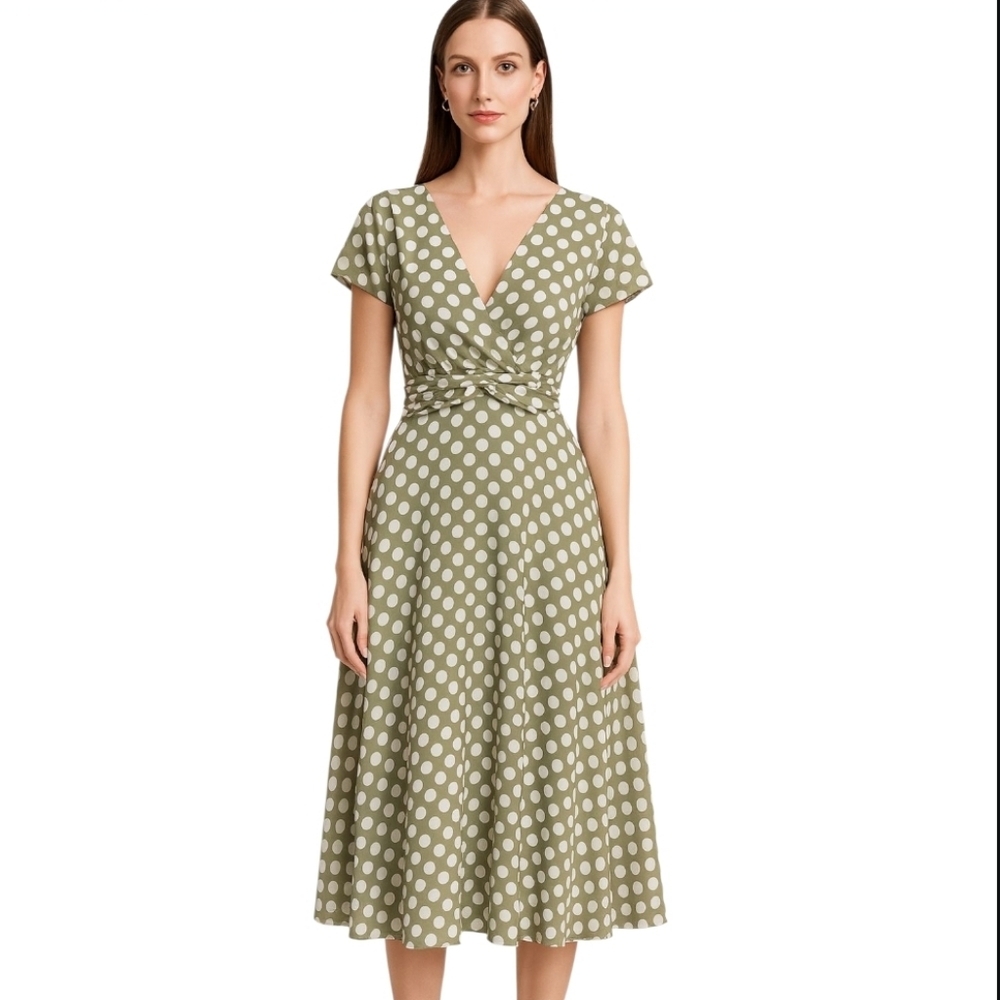 Connected Apparel Olive Polka Dot Midi Dress